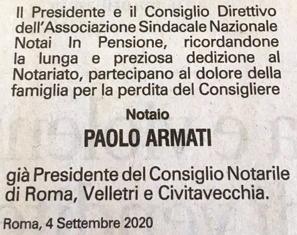 Necrologio - Paolo Armati - Il Messaggero del 5 Settembre 2020